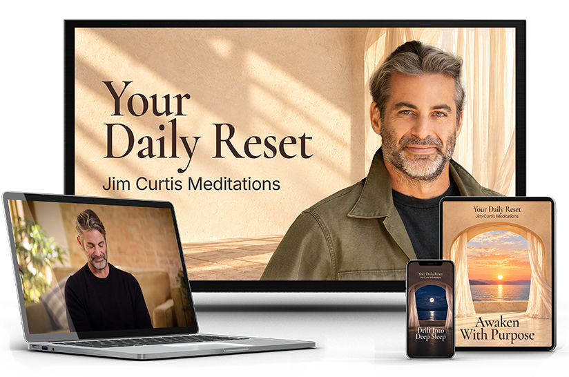 Jim Curtis meditations on a TV, laptop, tablet and phone